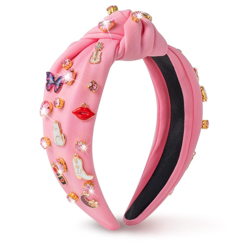 PANTIDE Music Jeweled Knotted Headband - Singer Fans Gift Guitar Red Lip Rhinestone Crystal Embellished Headband Wide Top Knot Fashion Hairband Birthday Back To School Gift for Women Girls (Pink) - Image 1